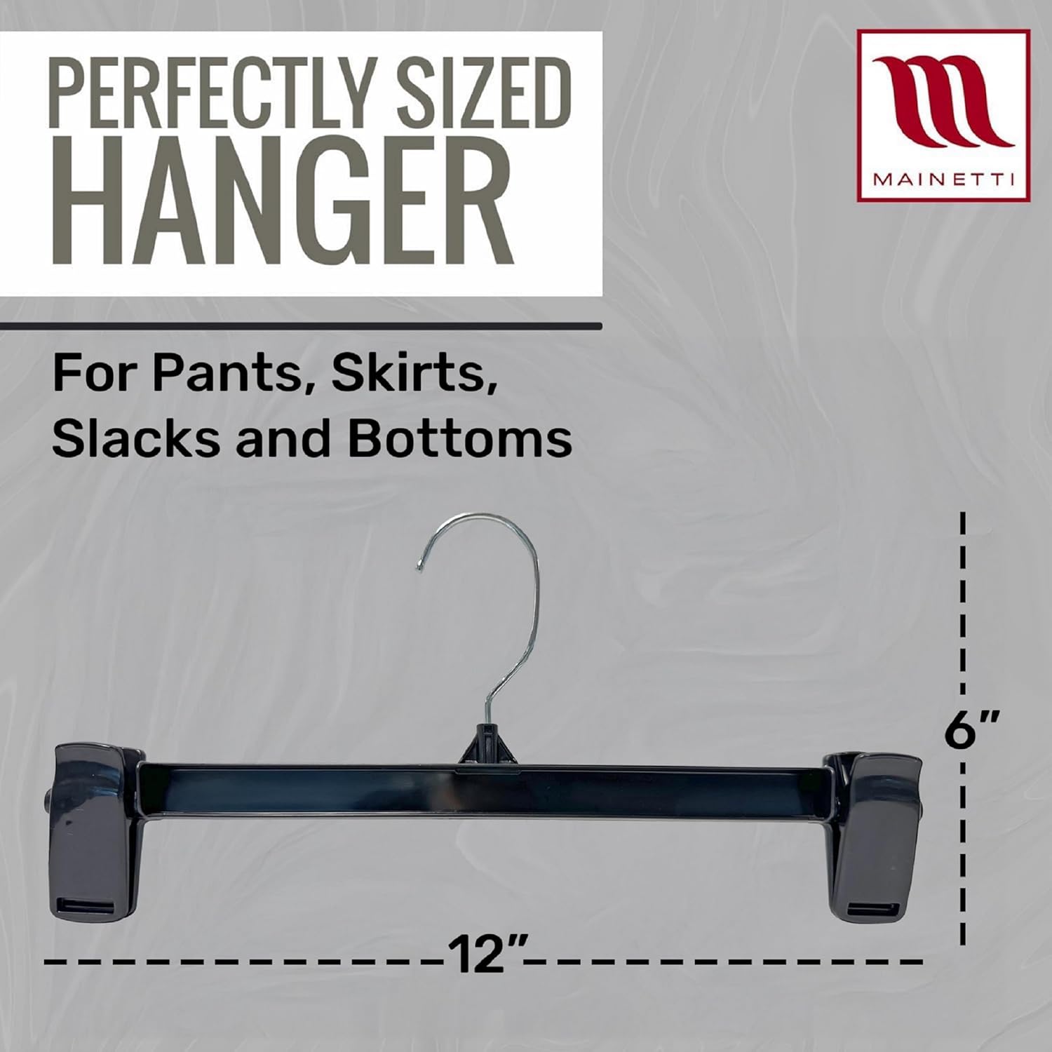 Mainetti Black Plastic Clothes Hangers - 100 Pack | 12-Inch Space-Saving Design with 360° Swivel Hook & Non-Slip Clips | Perfect for Pants, Skirts, and Shorts