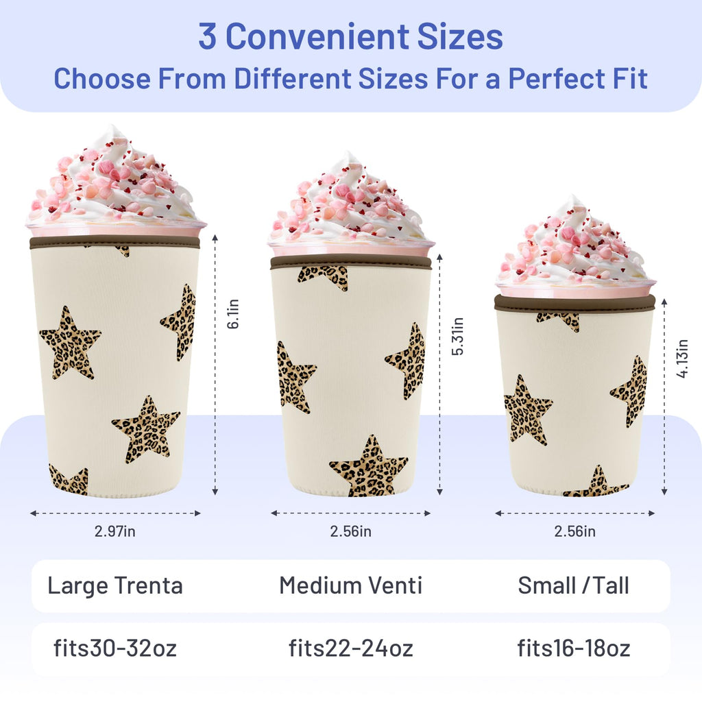 Puresora Iced Coffee Sleeve Reusable Cup Sleeves for Cold Drinks Neoprene Plastic Cup Covers for Drinks, Stars Leopard