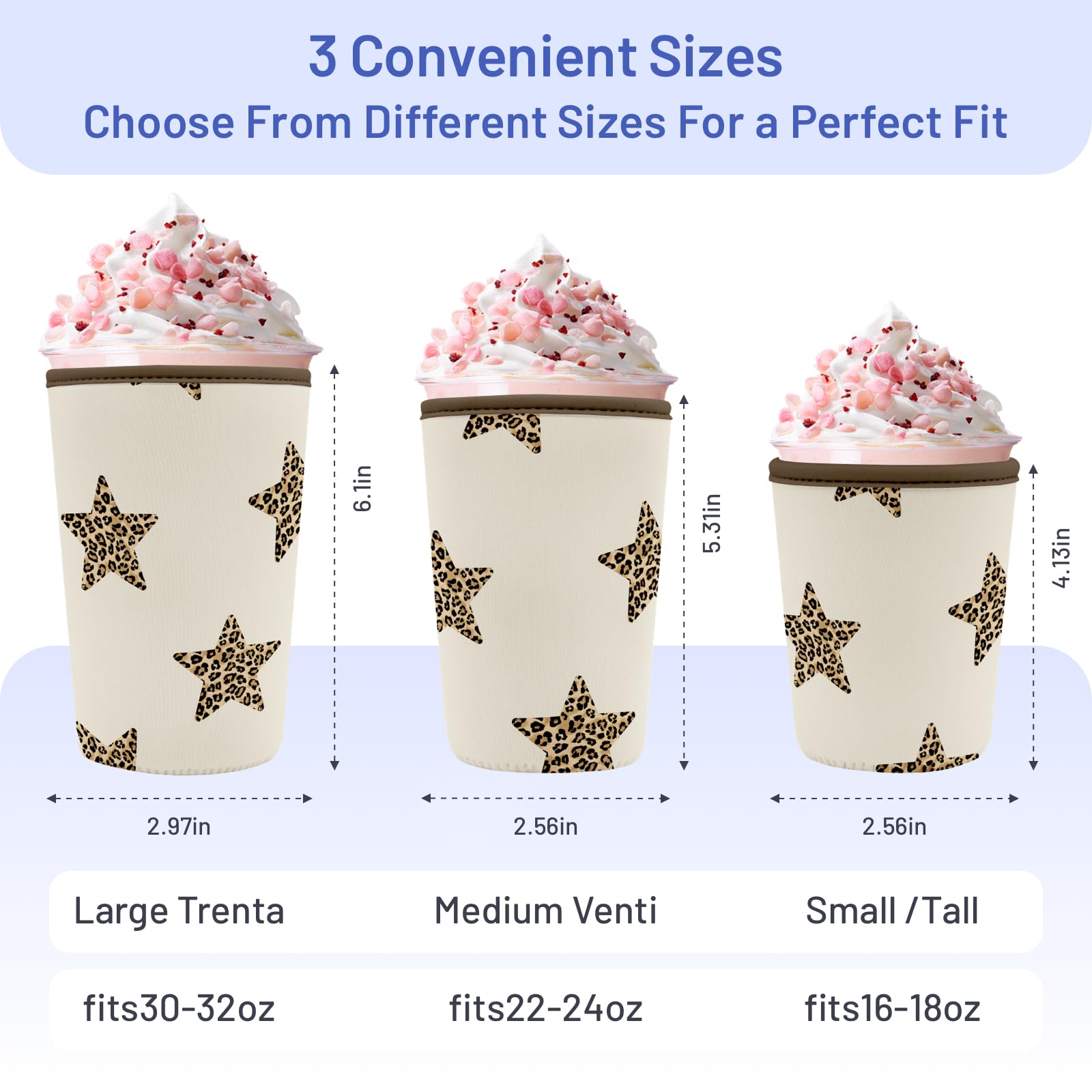 Puresora Iced Coffee Sleeve Reusable Cup Sleeves for Cold Drinks Neoprene Plastic Cup Covers for Drinks, Stars Leopard