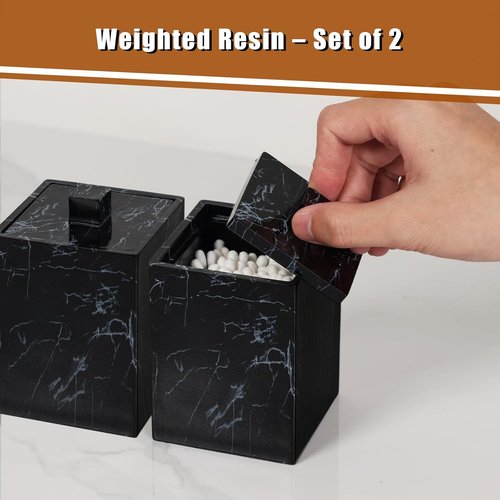 Jung Ford Marble Pattern Cotton Swab Holders - 2-Pack Resin Bathroom Storage Jars | Black