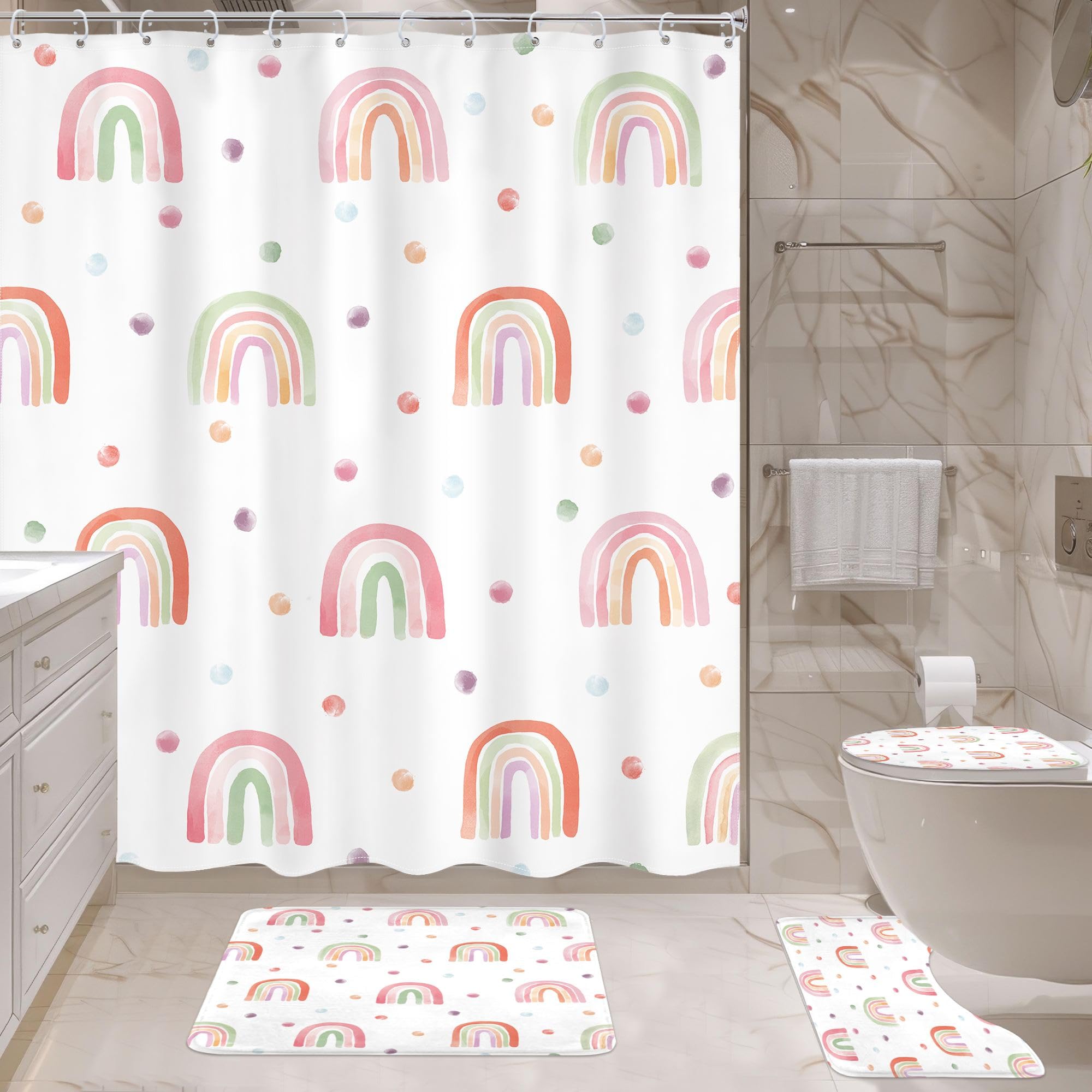 Ufeela 4 PCS Kids Girls Rainbow Shower Curtain Set 72Wx72H Inch, Bathroom Rug, Toilet Lid Cover, U Shape Mat, Boho Cute Pink Bathroom Set Nonslip Quick Dry Dirt Resistant Accessories Bathroom Decors