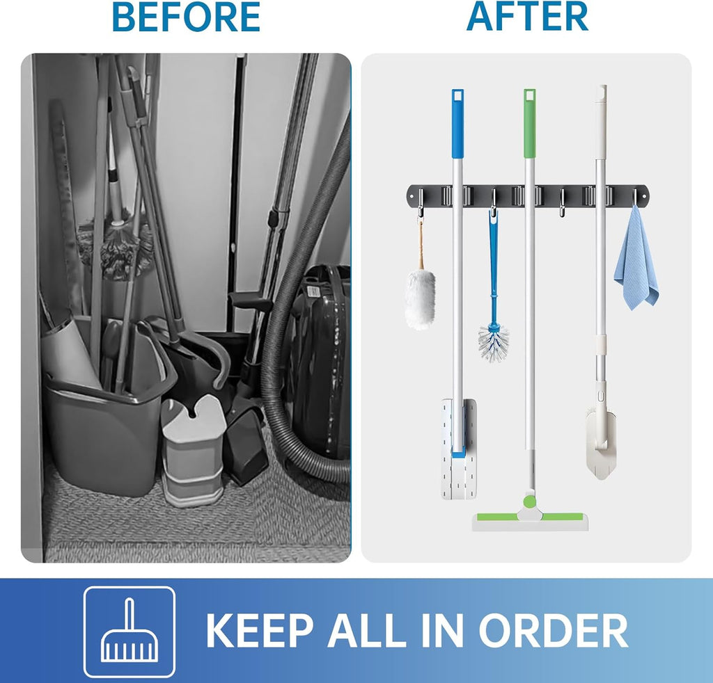 ZONGOOL Mop and Broom Holder - Wall-Mounted Organizer with 3 Racks & 4 Hooks | Stainless Steel, Black
