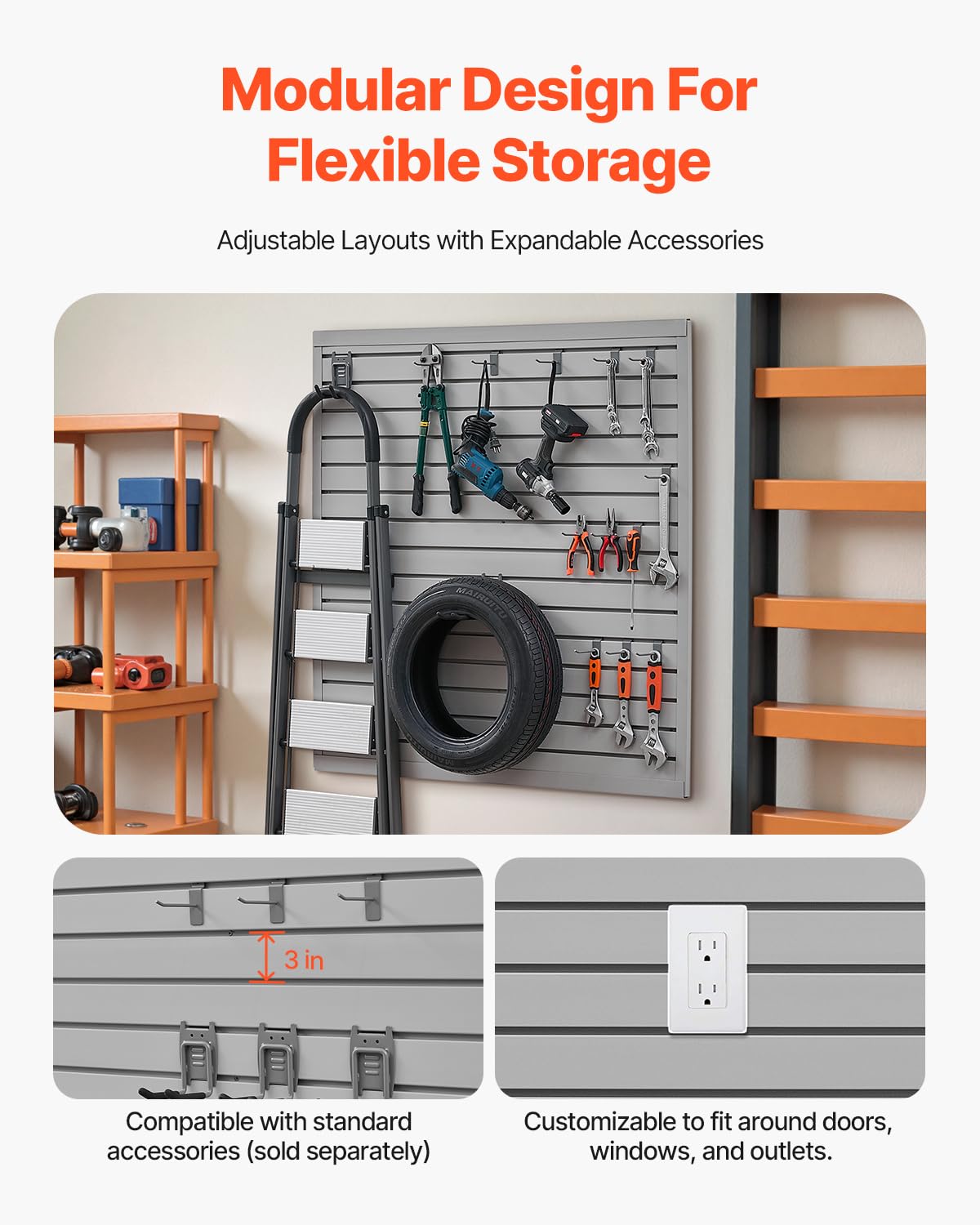 VEVOR Slat Wall Paneling, 4 x 4 ft, PVC Garage Slatwall with Modular Design, Grey Slat Wall Easy-to-Install Adjustable Slatwall Panel with Coupling Structure & DIY Cutting, Fits for Storage & Display
