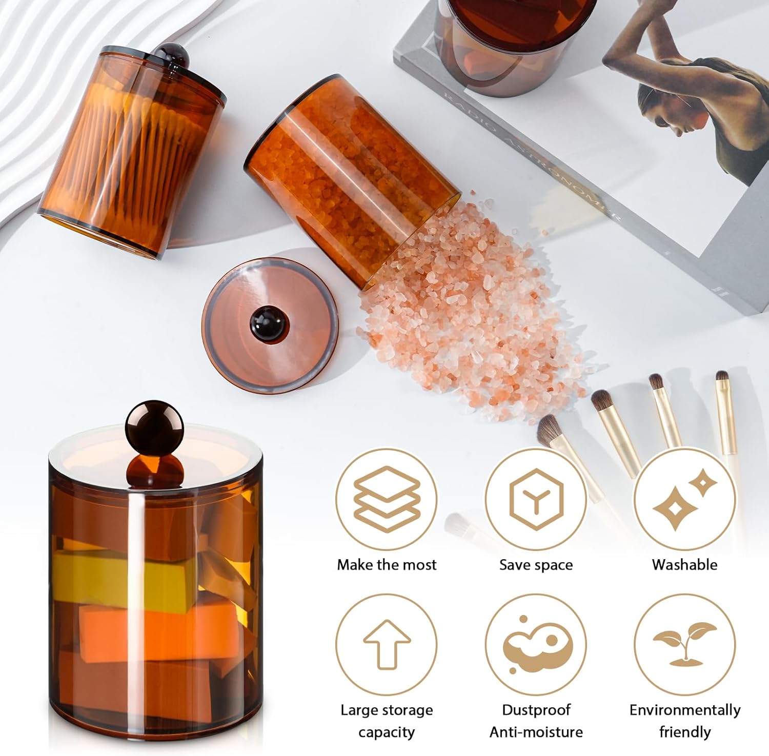 XIPENGKEJI Qtip Holder Set - 4 Pack Apothecary Jars with Lids for Bathroom Organization | 10oz-12oz Brown Canisters
