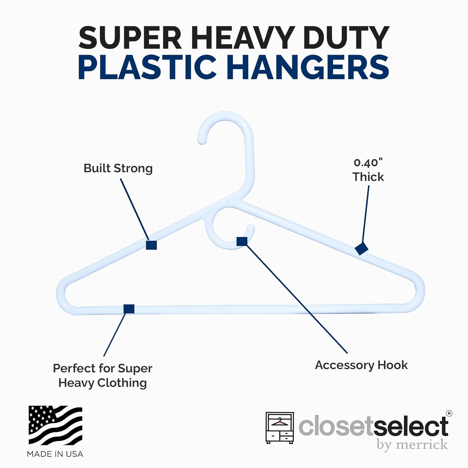 Super Heavy Duty Plastic Hangers - Made in USA | 24 Pack of Durable White Hangers