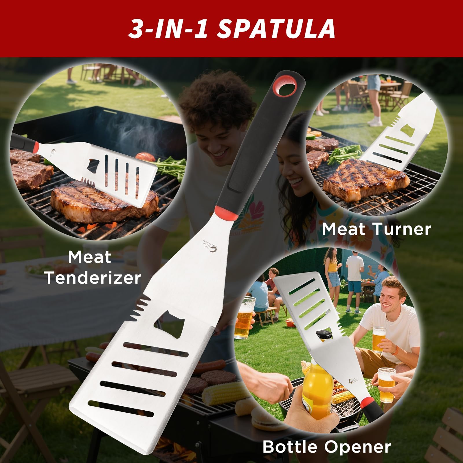 CuCut BBQ Tools Set, 4 PCS Heavy Duty Stainless Steel Spatula, Fork, Tongs with Portable Bag, Essential Accessories for Barbecue Outdoor Grill, Grilling Gifts for Men Dad Camp Chef