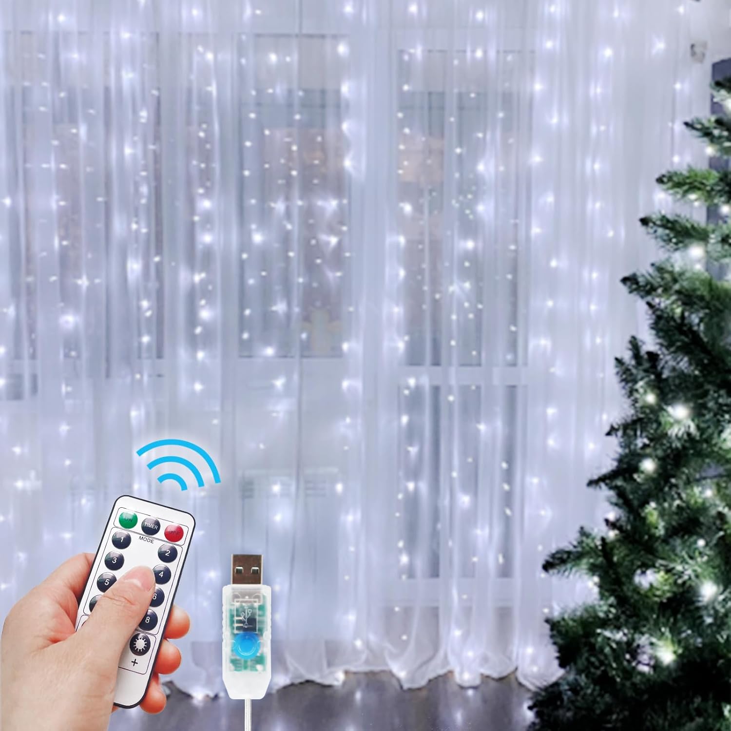 Skiennix 300 LED Fairy Curtain Lights - 9.8 x 9.8FT Cold White USB String Lights with Remote | 8 Modes for Christmas, Weddings, Indoor & Outdoor Decor