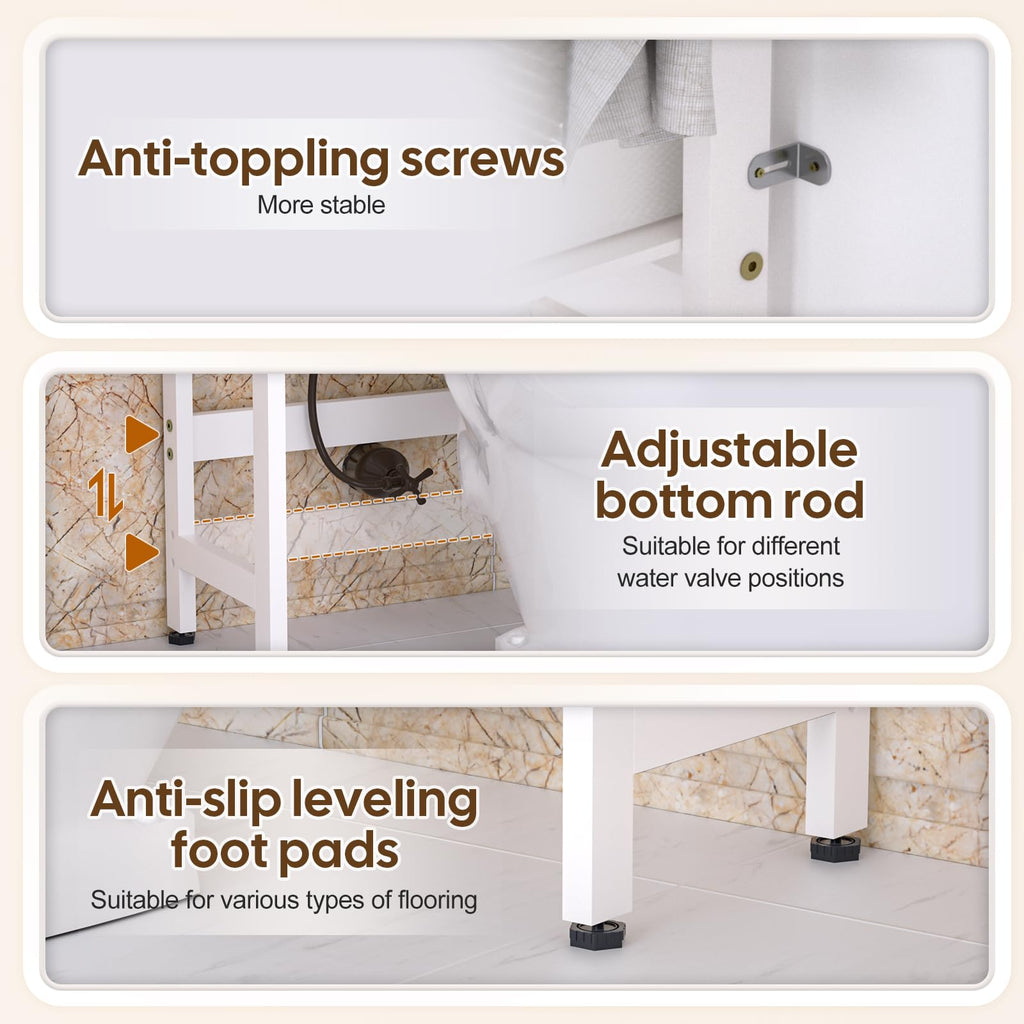 Cozivolife Over The Toilet Storage: 4-Tier Bamboo Organizer Rack with 2 Baskets & Paper Holder & 4 Hooks & Waterproof Feet Pad, Adjustable Freestanding Shelf for Bathroom (White)
