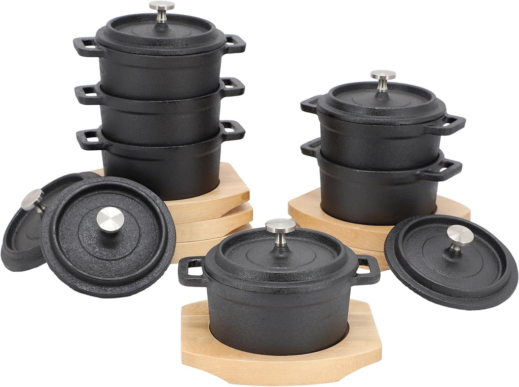 MegaChef Cast Iron Mini Dutch Oven - 8 Ounce Cookware with Wood Tray | Versatile Bakeware & Serveware Set
