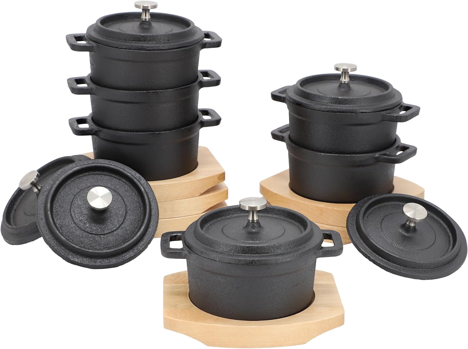 MegaChef Cast Iron Mini Dutch Oven - 8 Ounce Cookware with Wood Tray | Versatile Bakeware & Serveware Set