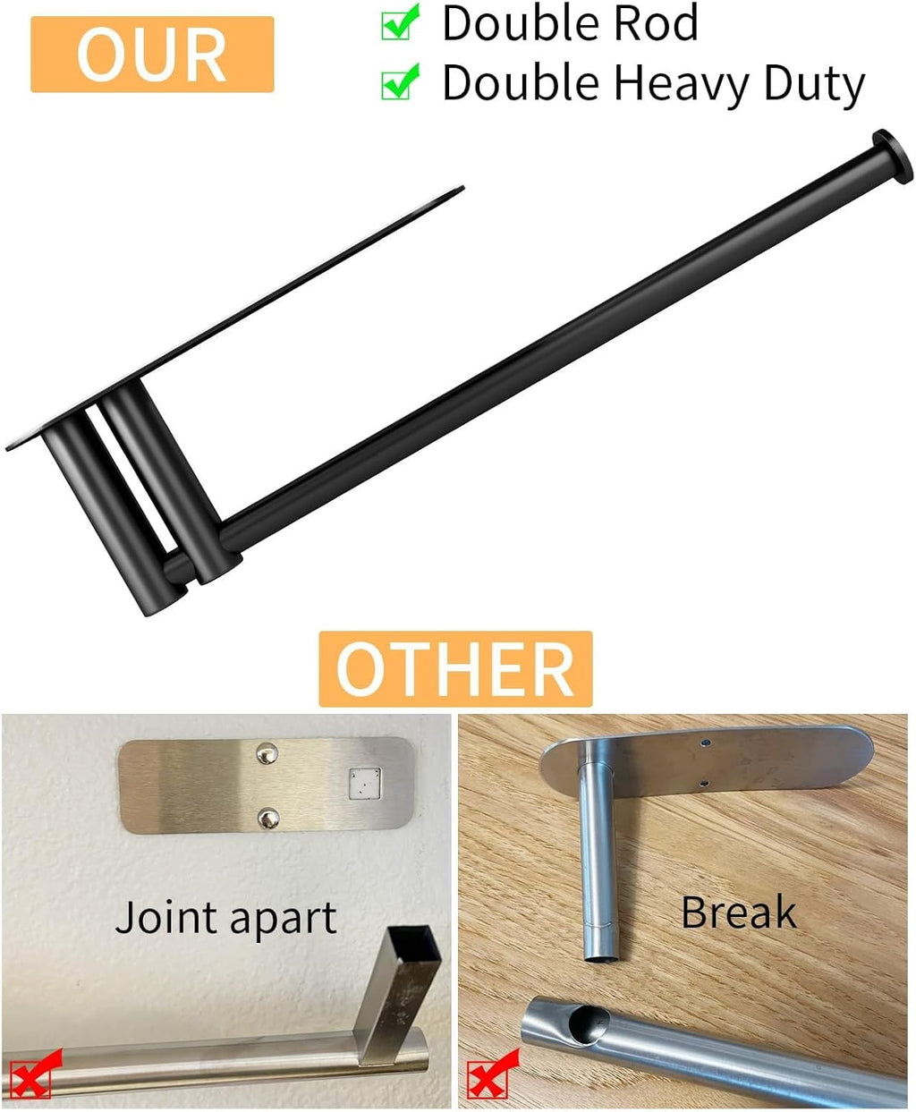Under Cabinet Paper Towel Holder - Skiennix Heavy Duty Double Pole Design | Stainless Steel, Black