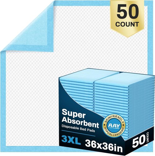 AAY Disposable Bed Pads - Extra Large Heavy Duty Incontinence Underpads | 36" x 36" (50 Count)