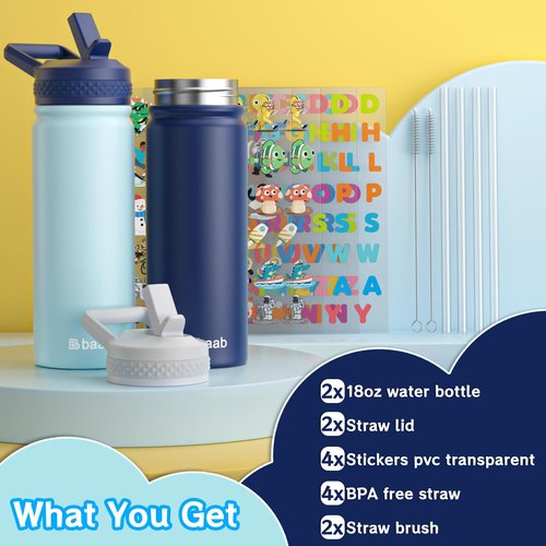 baab 18oz Kids Water Bottle, Insulated Water Bottle with Straw & Stickers, 18/8 Stainless Steel Vacuum Leakproof Kids Water Straw Cup for School, Gift for Boy Girl (Navy Blue+Light Blue, 2 Pack)