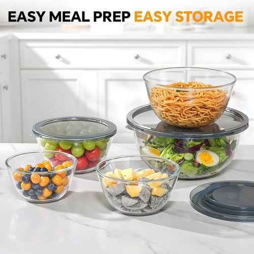 Glass Mixing Bowls Set by [Brand Name] - 5-Piece Thick Glass Nesting Bowls with Lids | Safe for Dishwasher, Microwave & Freezer