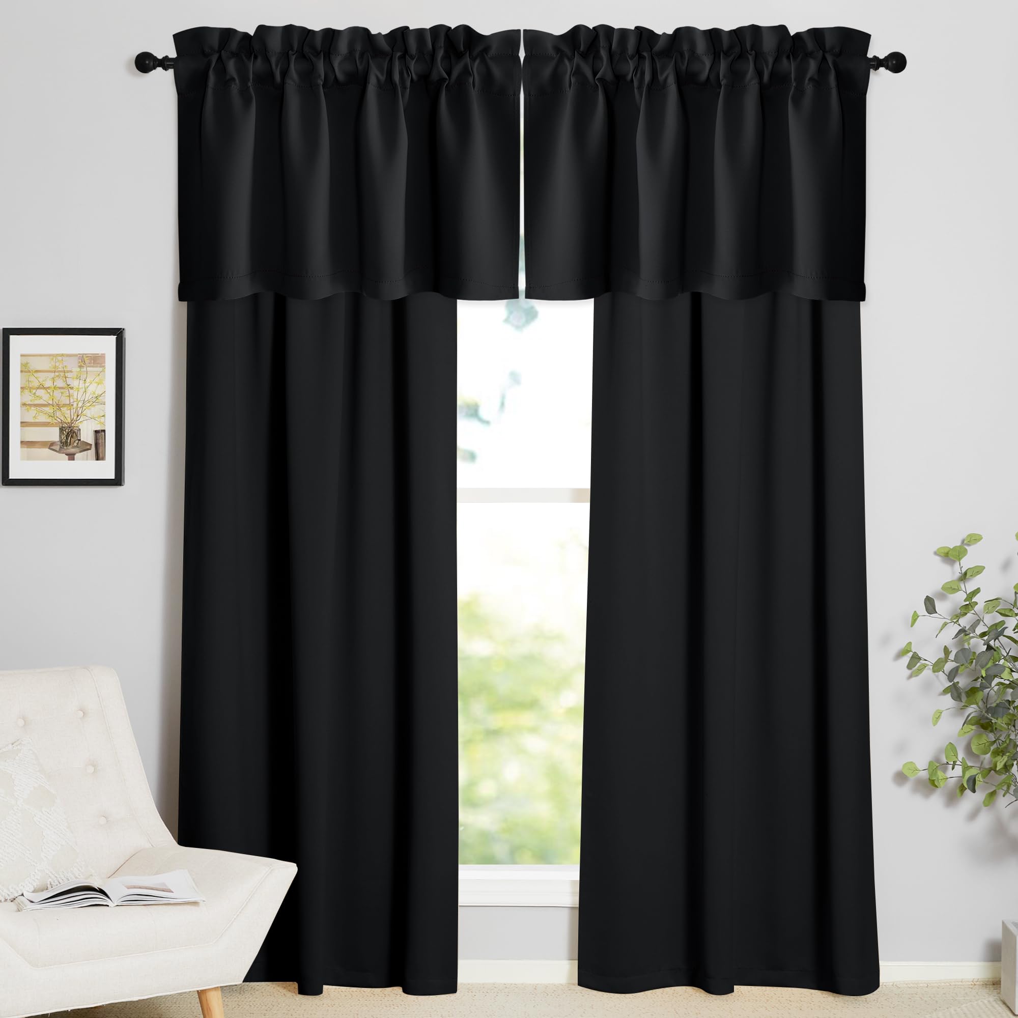 NICETOWN Black Blackout Valance Rod Pocket Thermal Insulated Window Covering Solid Short Curtain for Small Window Bedroom Living Room Topper Decor, 42 x 16 Inches Length, 1 Panel, Black