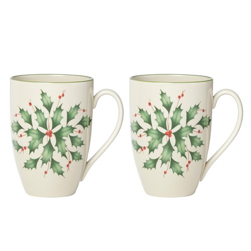 Lenox Coffee Mugs, Hosting The Holidays 2-Piece Holly 14 Oz Mug Set, Ivory Porcelain, Dishwasher and Microwave Safe, Christmas Holly Drinkware Set, Christmas Decorations (White/Green, 14 Oz, 2 Pieces)