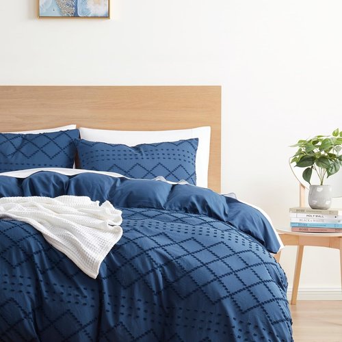Boho Bedding Queen Duvet Cover Set - Navy Textured Tufted 3-Piece 90x90 Inches with Zipper Closure & 2 Pillow Shams