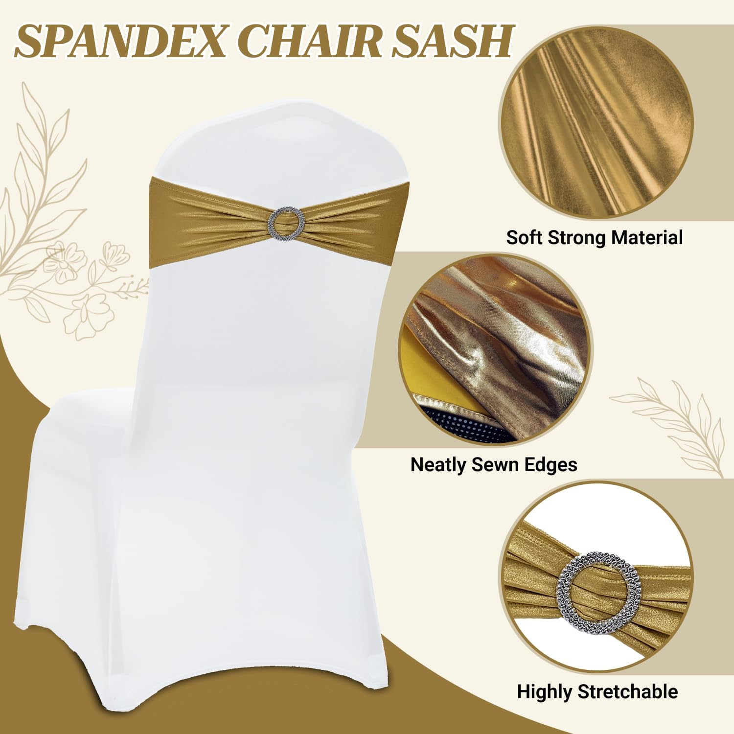 MDS Spandex Foil Chair Sashes - Universal Elastic Stretch Bands with Buckle for Weddings | Metallic Gold - Pack of 10