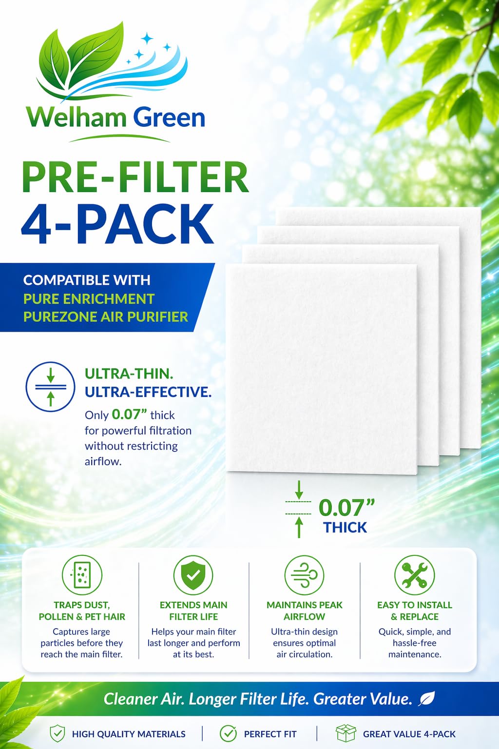 Pre-Filter 4-Pack Compatible with Pure Enrichment PureZone Air Purifier, Extends Main Filter Life