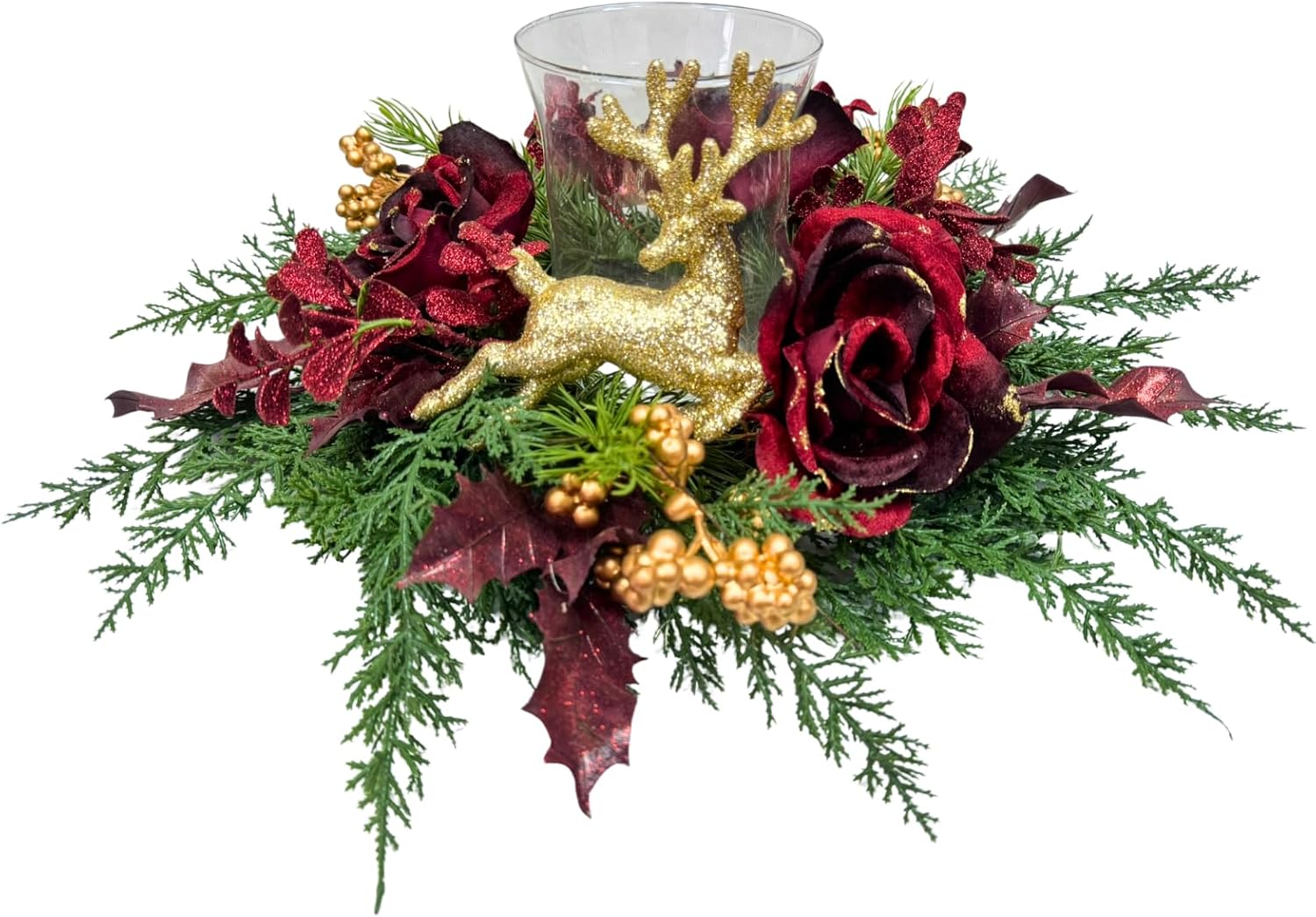 Svndlyn Christmas Glass Candle Holder - Glittery Rose & Deer Figurine Decor | Holiday Centerpiece