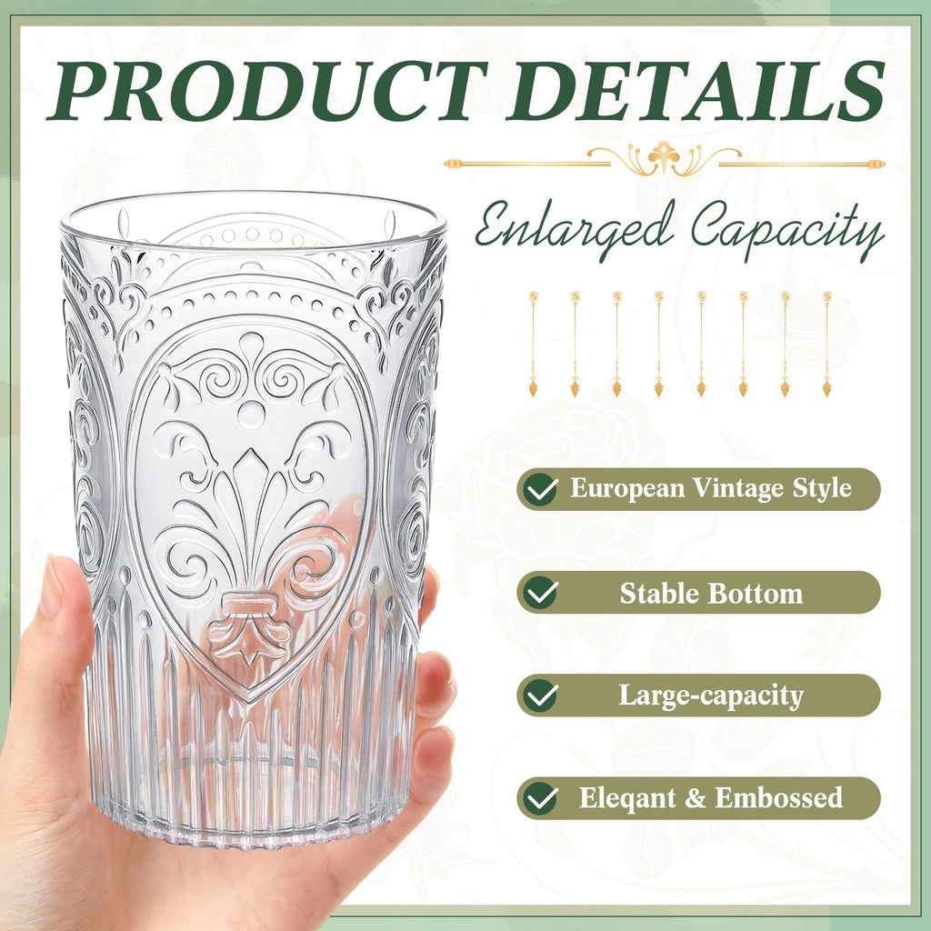Acellegic Plastic Vintage Drinking Glasses - 16 oz Stemless Ribbed Highball Glasses Bulk Embossed Reusable Cups for Water Beer Cocktails Juice Wedding Bridal Shower Birthday Event Party(Clear,24 Pcs)