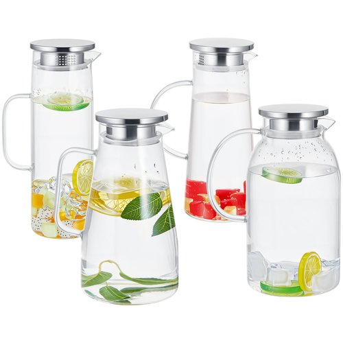Didaey 4 Pcs 1.5/1.8/2 Liter Glass Pitcher with Lid and Spout Heat Resistant Glass Water Carafe with Handle for Hot/cold Beverages Large juice Jug for Juice Coffee Iced Tea, 51oz, 61oz, 68oz