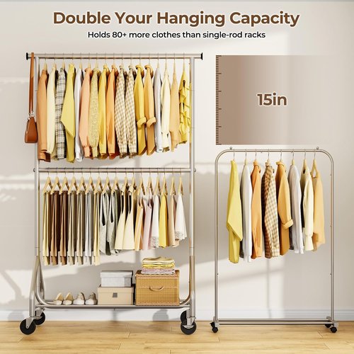HYSEYY Heavy Duty Clothes Rack - Adjustable Double Rod Garment Rack for Bedroom & Laundry | Silver