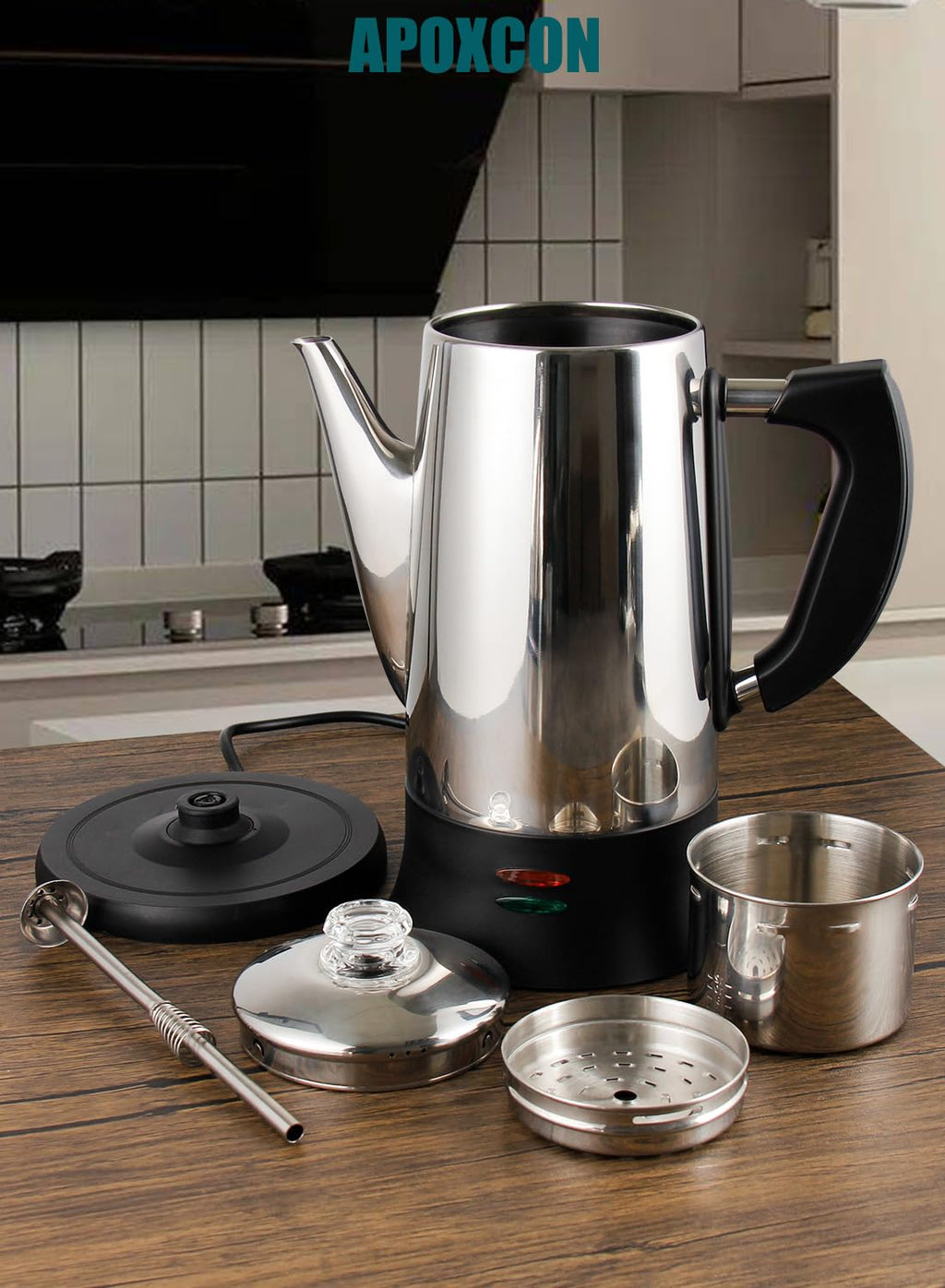 APOXCON Electric Coffee Percolator Stainless Steel Coffee Maker with Two Heat Resistant Tough Glass Clear Brew Progress Knob Classic Look Keep Warm & Cordless Serving Coffee Pot 12 Cup