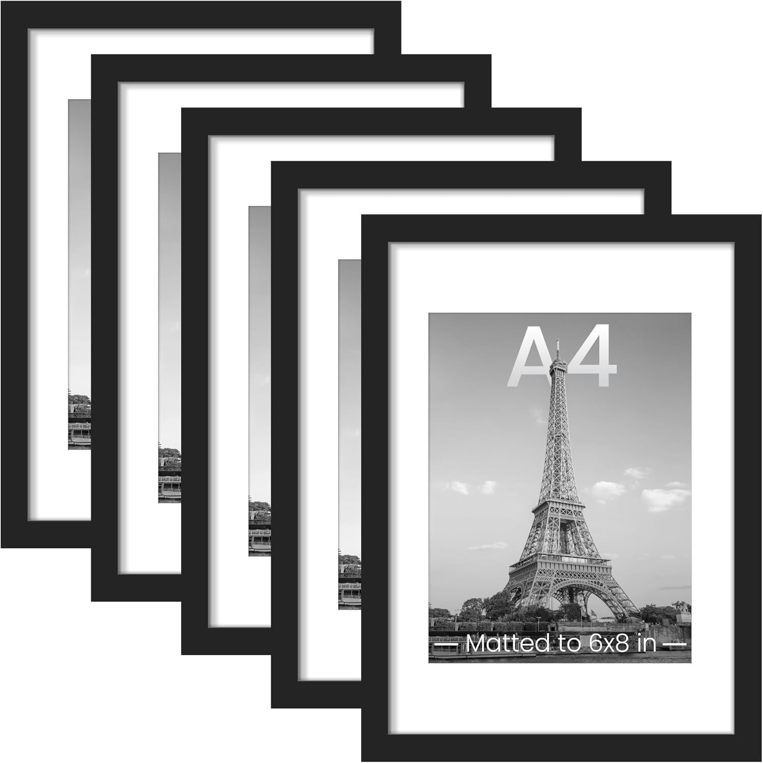 Upsimples A4 Picture Frame Set of 5 - Display 6x8 Photos with Mat or 8.3x11.7 Without | Black Wall Gallery Frames