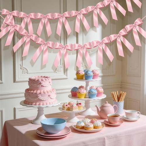 1-String Pink Bow Garland Banner, 8 Pre-Strung Double-Layer Ear Satin Ribbon Bows, Valentines Day Decor for Baby Shower Bridal, Birthday Wedding Party, Reusable Girls Coquette Room Wall Mantel Decor