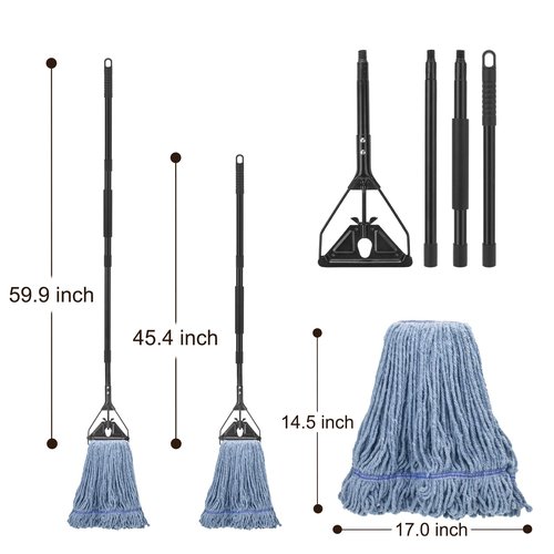 Commercial Industrial Mop for Floor Cleaning, 3 Extra Large Reusable Replacement Head with 59" Long Handle,Heavy Duty Looped-End String Wet Cotton Mop for House,Kitchen,Office,Garage,Tile Floor