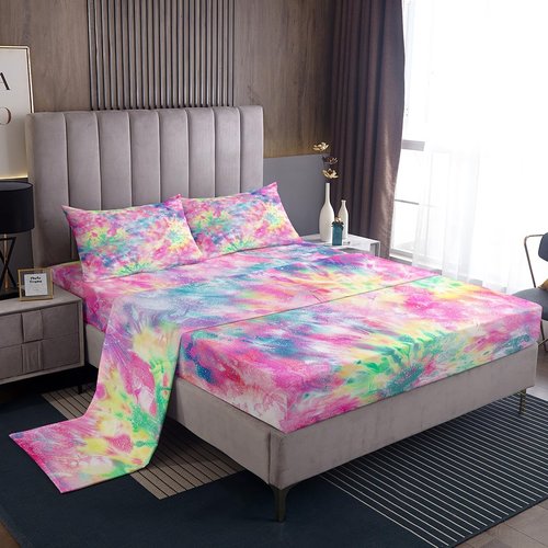 Erosebridal Kids Tie Dye Pink Bed Sheets Girls Bohemian Batik Sheet Set 3 Pcs Twin Size, Boho Psychedelic Sheets Set + Deep Pocket Fitted Sheets+ Girly Flat Sheet + Exotic Bedroom Decor 1 Pillow Sham