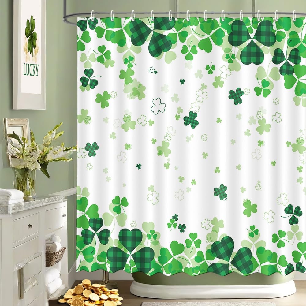 MEHOFOND St. Patrick's Day Clover Shower Curtain,Green Shamrock Clover St Patricks Day Shower Curtain,Shamrock Bathroom Decor Curtains,Irish St Patrick's Day Fabric Curtain 72x72 in