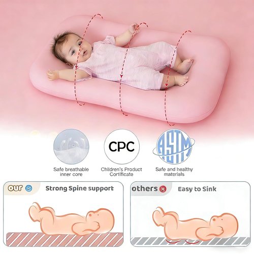 **Snuggle Cozy Baby Lounger | 100% Cotton Soft & Breathable Infant Play Mat | Pink for 0-24 Months**