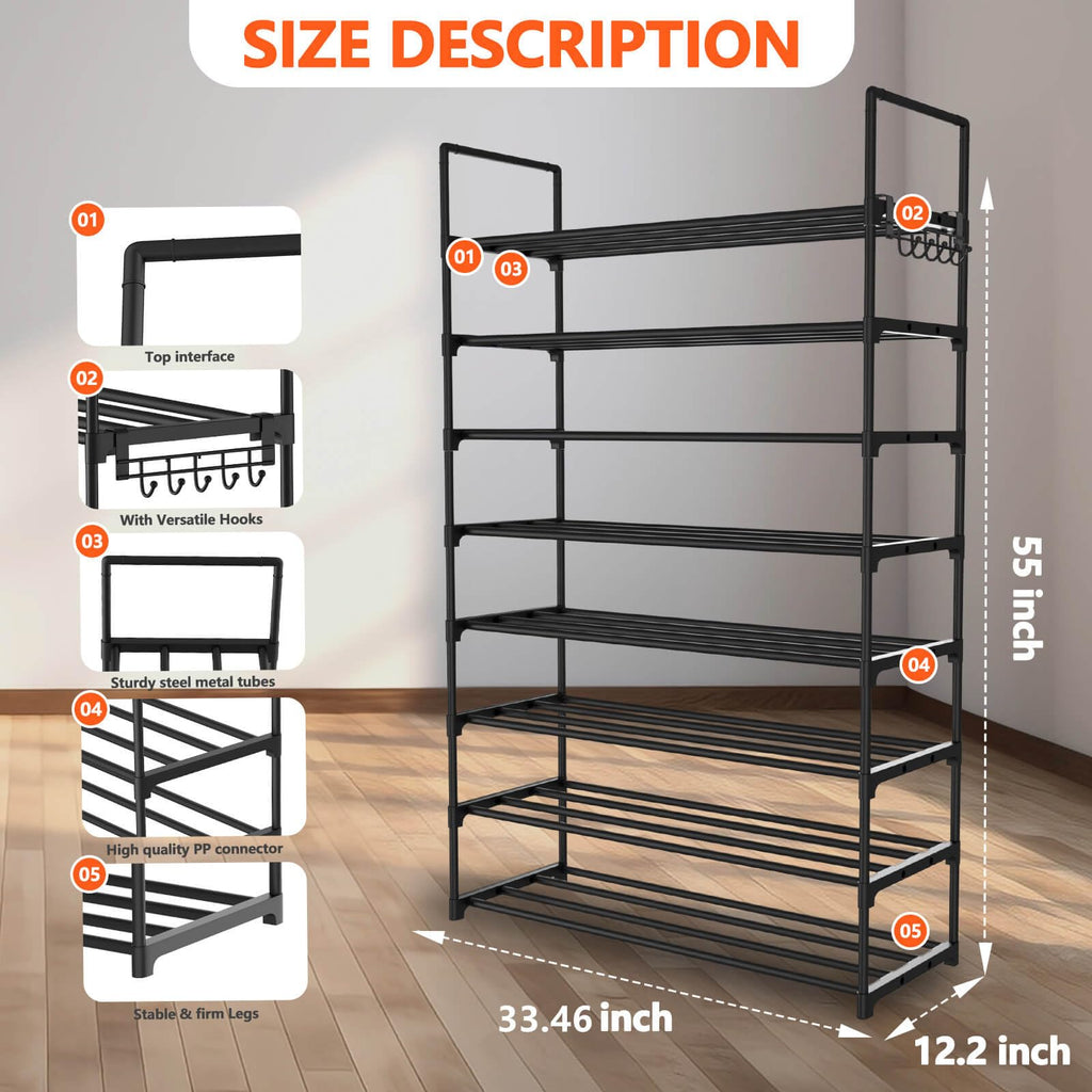 Hsscblet 8 Tiers Metal Shoe Rack,Adjustable Shoe Shelf Storage Organizer with Hooks,Stackable Boot & Shoe Storage,for Entryway,Hallway,Closet,Black