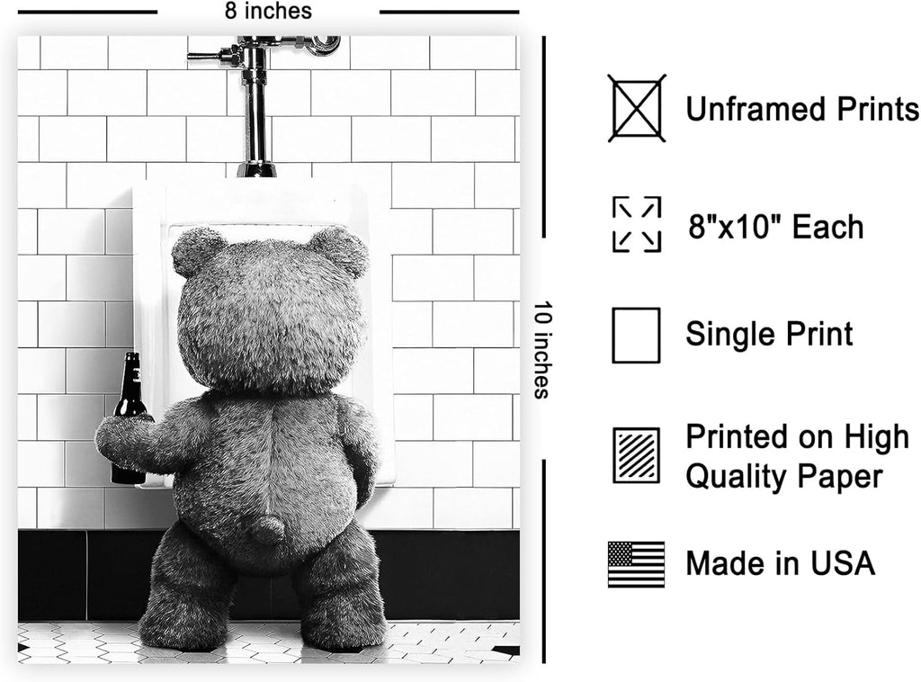 Poster Master Funny Teddy Bear Print - Humorous Black & White Wall Art for Bathroom, Nursery | 8x10 Unframed
