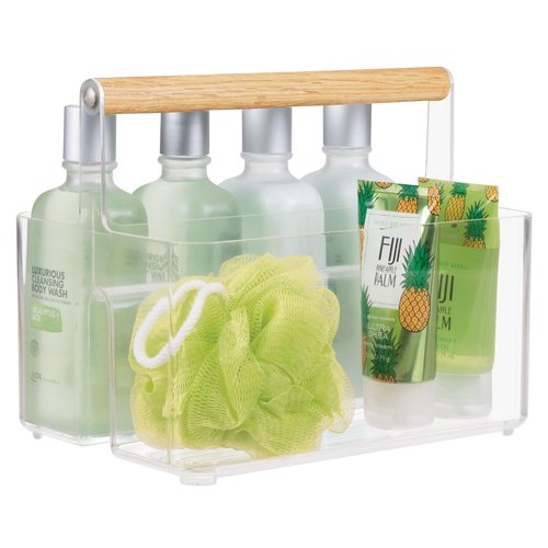 mDesign Plastic Portable Shower Caddy Divided Basket Bin Storage Organizer with Bamboo Handle for Bathroom, Dorm, Shelf & Cabinet Holds Shampoo, Conditioner - Aura Collection, Clear/Natural