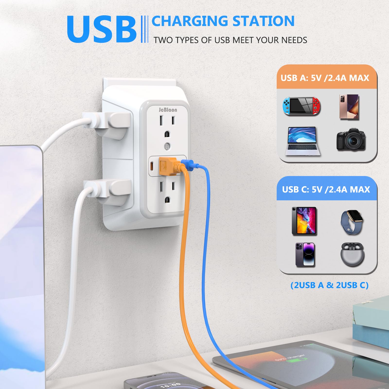JcBlaon Outlet Extender Surge Protector - 6 Outlet Splitter with 4 USB Ports (2 USB C), Multiple Plug Expander Wall Charger, 3 Sided Multi Plug Wall Adapter Power Strip for Home Office Kitchen Travel