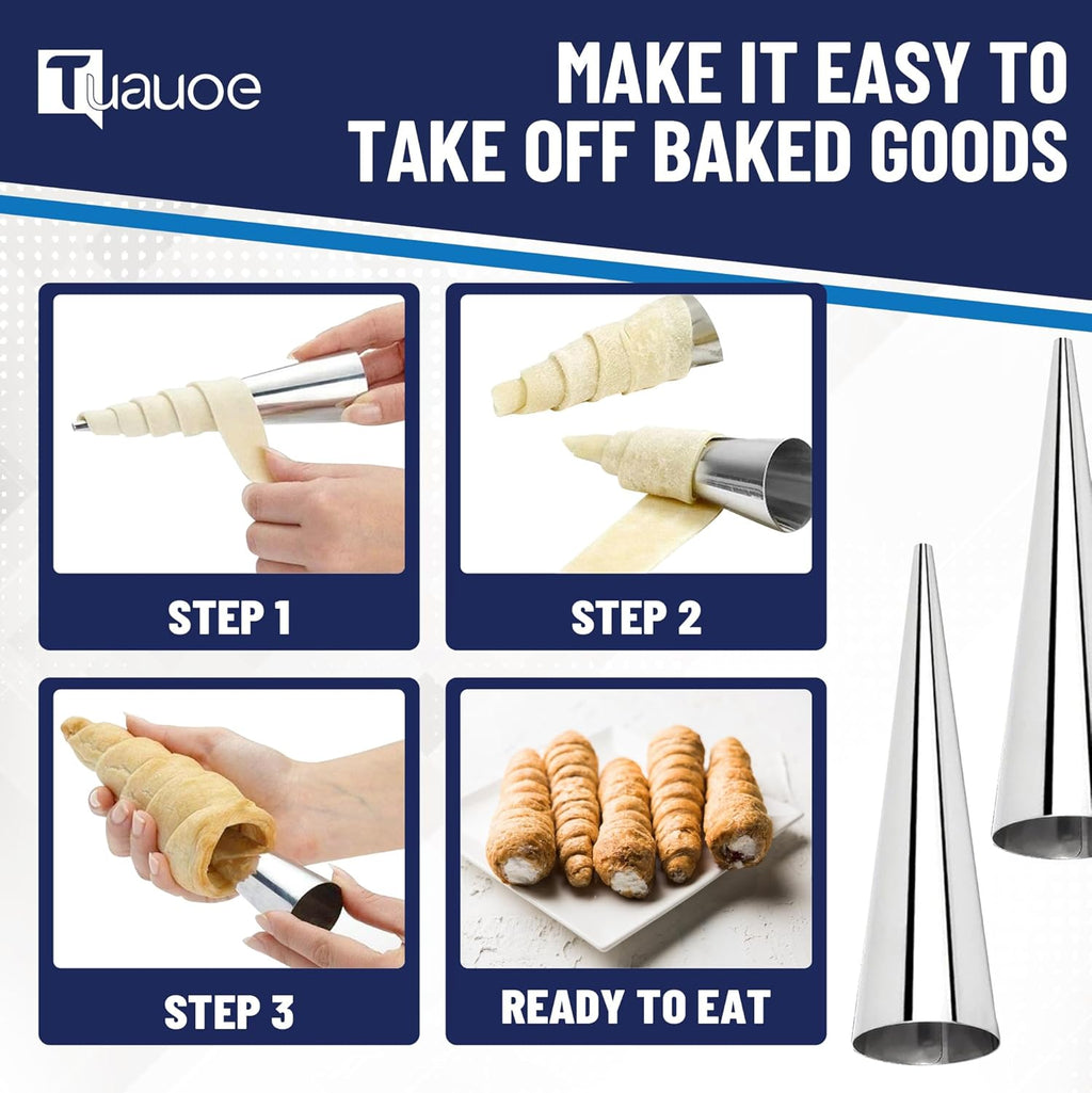 Skiennix Cream Horn Molds - 23-Piece Non-Stick Stainless Steel Set with Cleaning Brush & Piping Bag