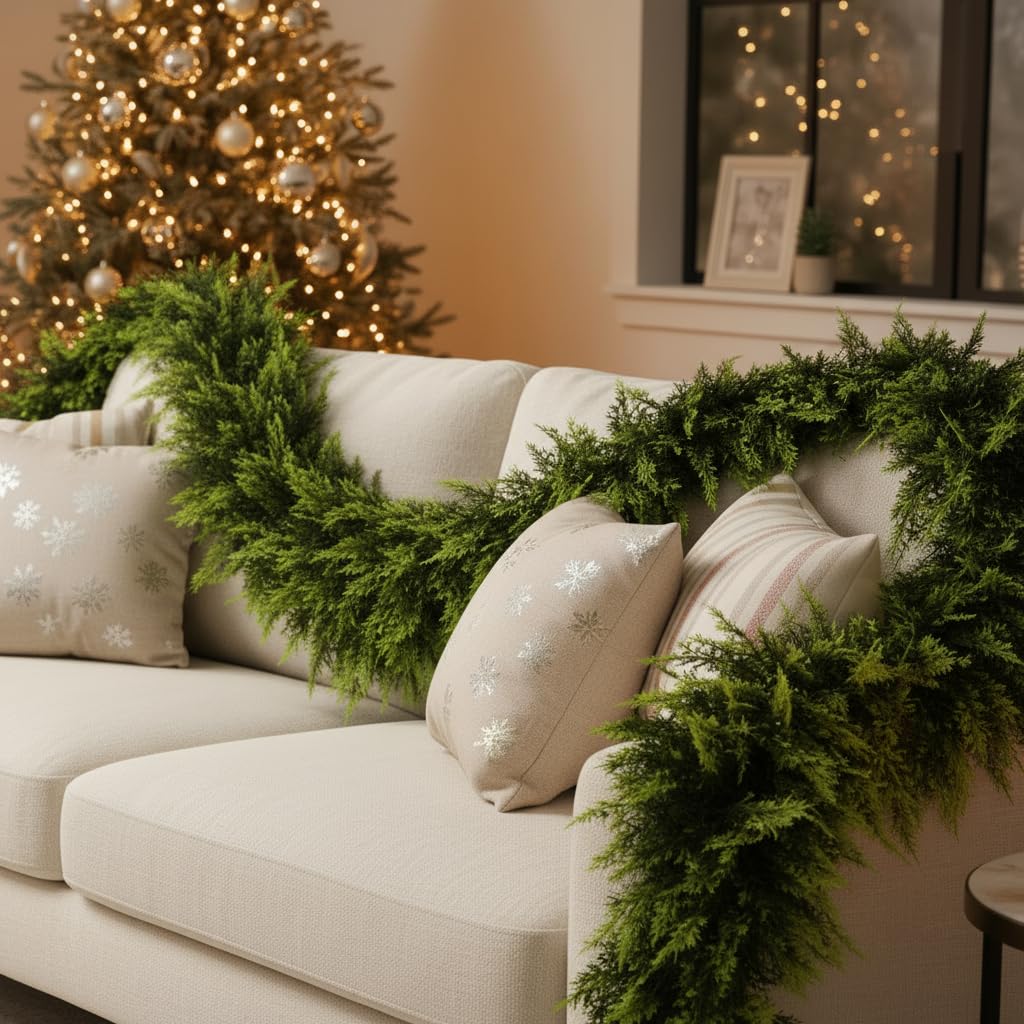 9 FT Christmas Cedar Garland, Real Touch Soft & Thickness Greenery Pine Garland for Mantle Table Fireplace Outdoor Indoor Christmas Decorcorations