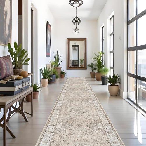 Hallway Vintage Washable Runner Rug - Soft Non-Slip Indoor Carpet for Entryway, Kitchen & Living Room (3x16, Beige)