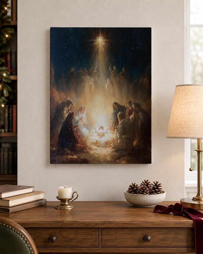 Nativity Wall Art 12x16 with Glowing Star Framed Canvas Print - Variation: Nativity Star Scene