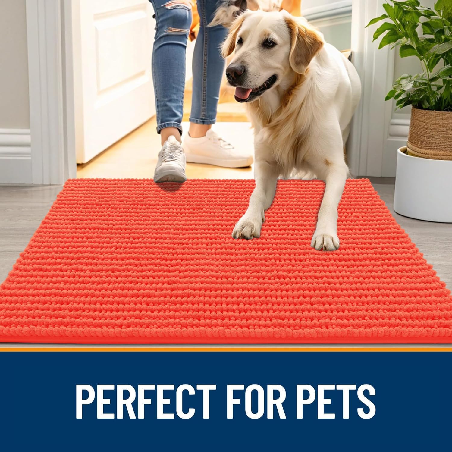 OLANLY Dog Door Mat - Ultra Absorbent Chenille Mud Doormat | Non-Slip & Washable 36x24 Coral