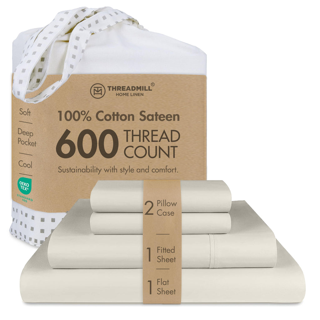 Threadmill Queen Sheet Set | 600 Thread Count Queen Bed Sheets for Queen Mattress with 16” Deep Pocket | Sateen Weave 4-Piece Bedding Set with Cooling Effect | Taupe
