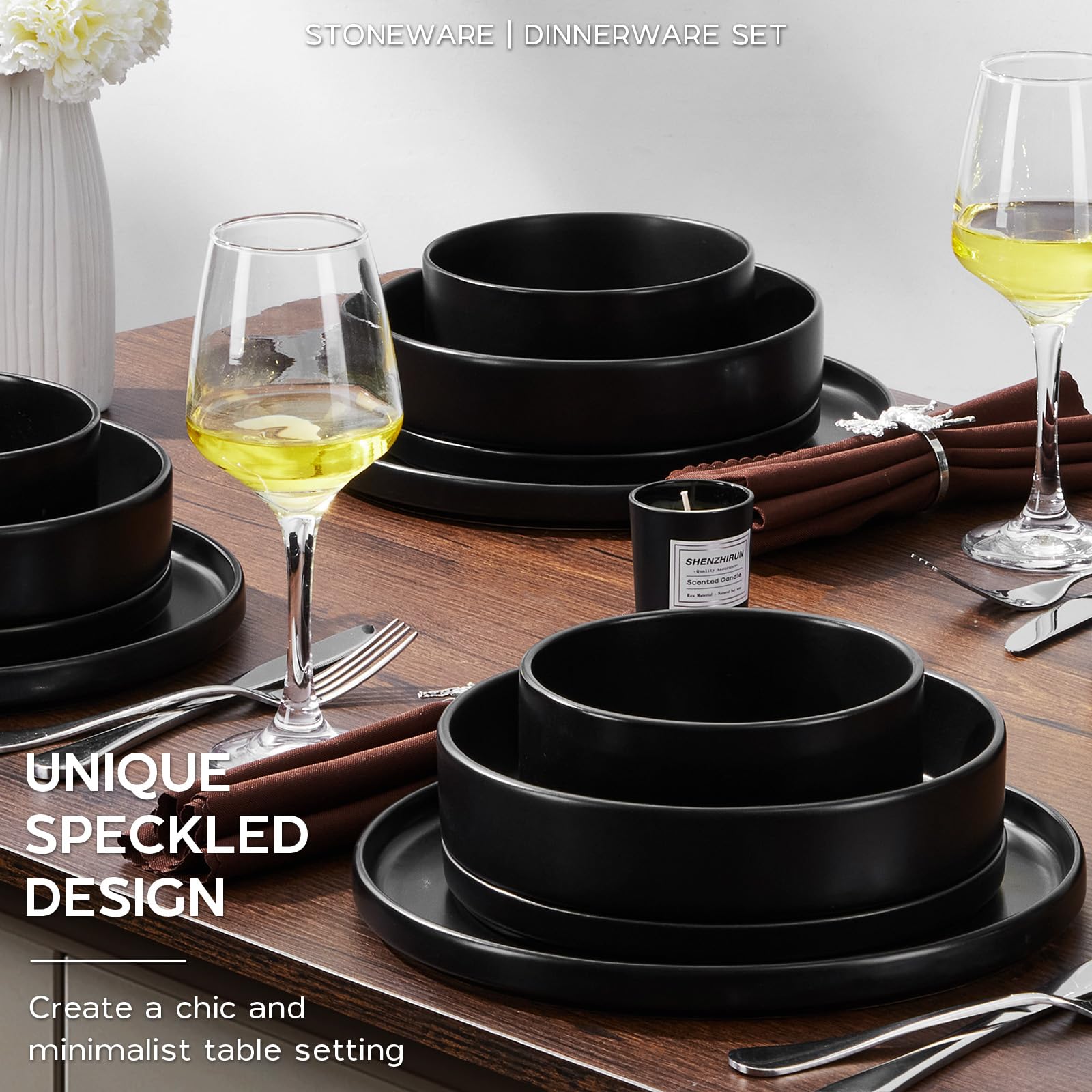 Onader 16 Piece Dinnerware Sets with Serving Bowls for 4, Stoneware Plates and Bowls Dish Sets, Ceramic Dinner Ware Dishware for Kitchen Dining, Chip & Scratch Resistant - Ebony Black