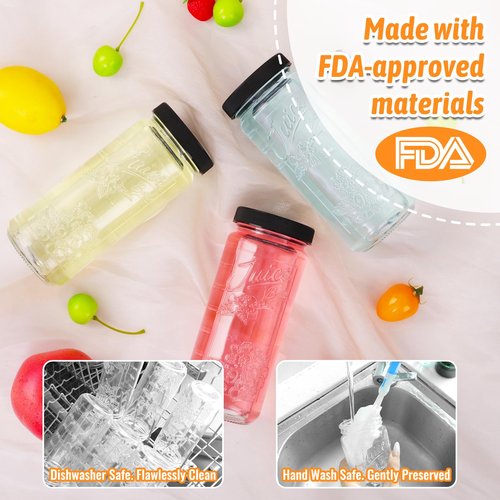 8 Pack 16oz Glass Juice Bottles with Lids - Juicing Bottles with Thickened Leakproof Caps & Custom Designs, High-Clarity Reusable Glass Bottles for Juicing, Smoothies, Kombucha and Iced Coffee