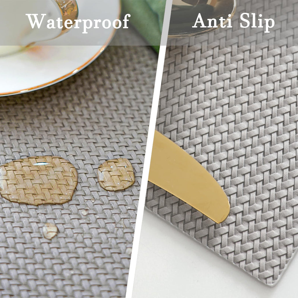 ZIWUROAD Faux Leather Placemats Set of 6, PU Heat Resistant Dining Table Mats, Waterproof Wipeable Non-Slip Place Mats for Kitchen Dining Table Decoration, Grey