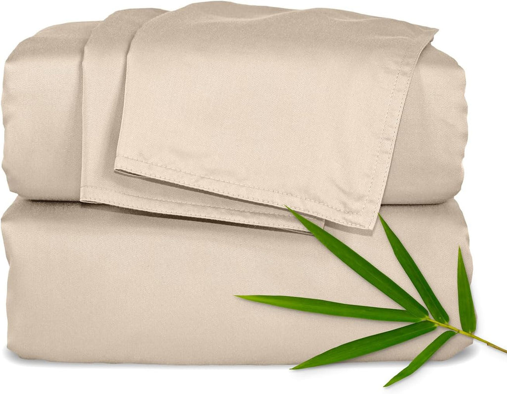 Pure Bamboo Full Bed Sheet Set - Luxuriously Soft & Cooling 100% Organic Viscose | Almond Color, Double Stitching