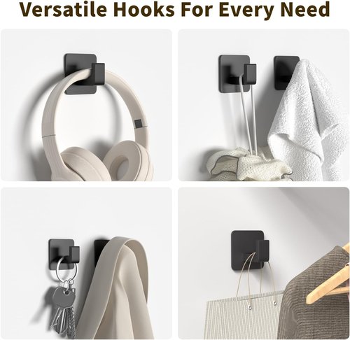 GWAAZXGZ Square Self-Adhesive Towel Hooks - 4 Pack Matte Black Metal for Towels, Robes & Hats | Right-Angle Design for Smooth Surfaces