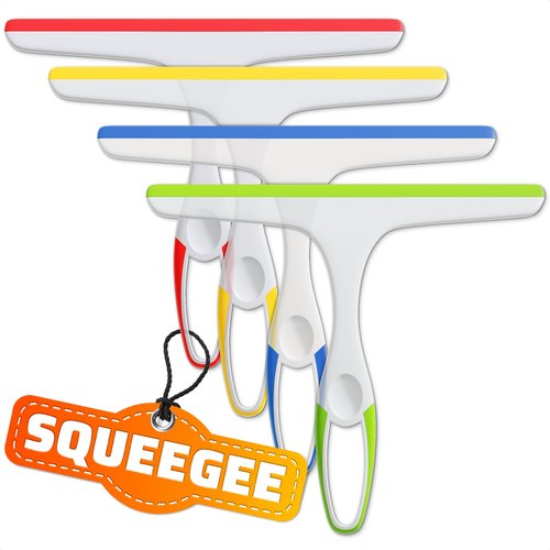 4Pcs 9.5” Hand Squeegee for Shower Glass - Durable Plastic Grip, Random Colors, Flexible Silicone Blade, Easy Hanging Hook, Lightweight Ergonomic Shower Squeegee for Glass Doors, Windows, and Tiles